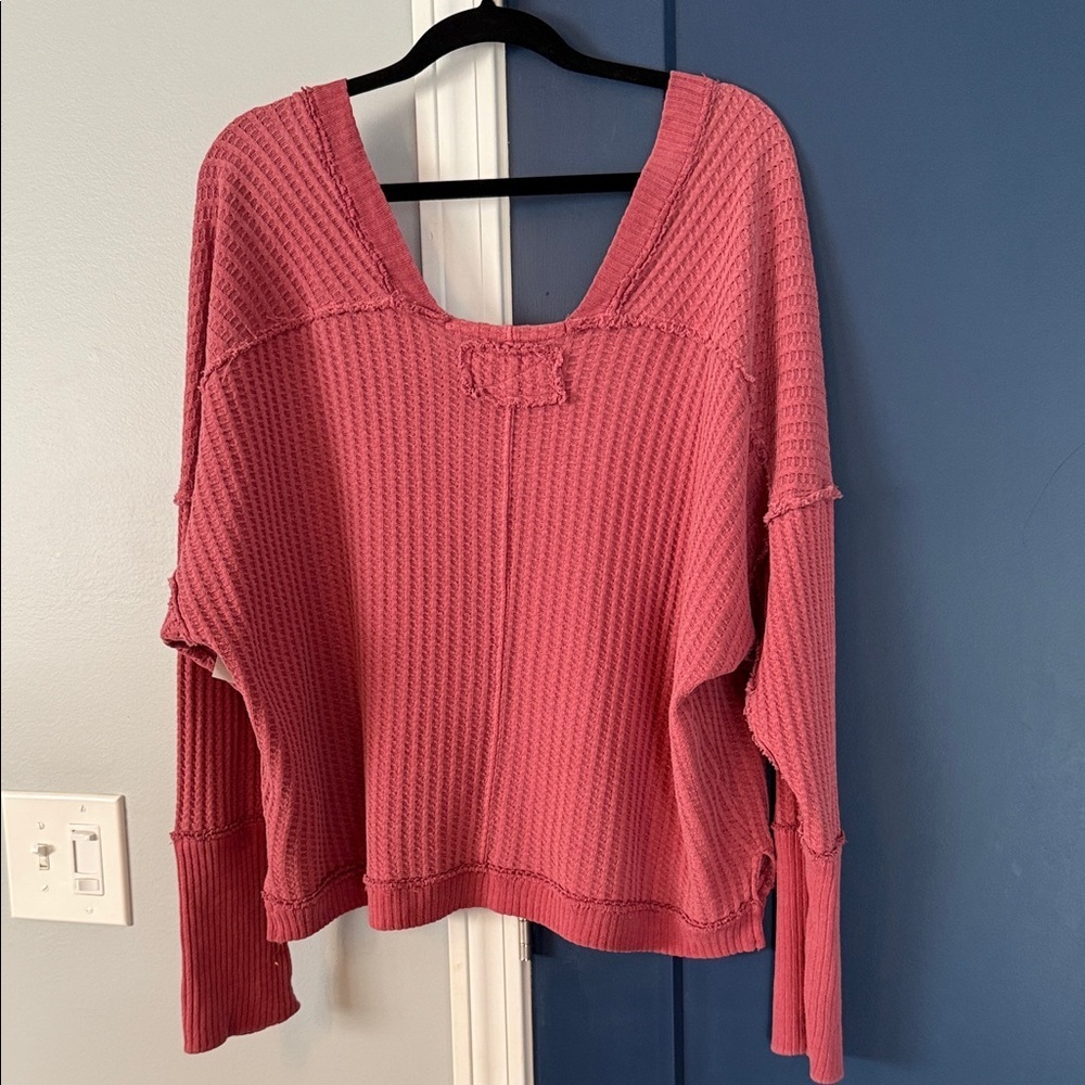 Free People Deep V-Neck Ribbed waffle Sweater off shoulder oversized fit soft​​ - Picture 3 of 3